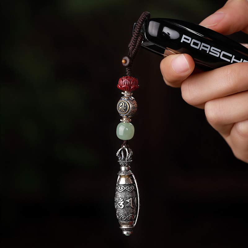 Buddha Stones 925 Sterling Silver Chinese Zodiac Natal Buddha Six True Words Blessing Keychain Decoration