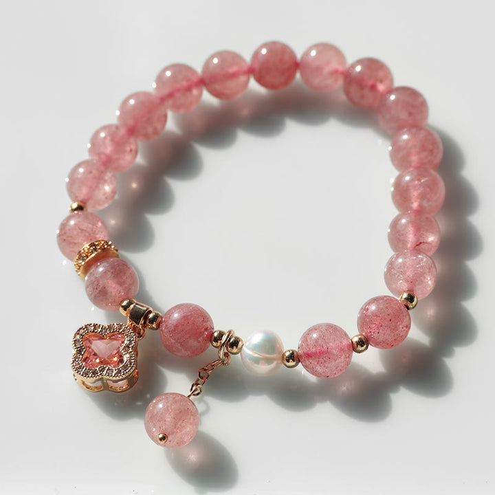 Buddha Stones Strawberry Quartz Pearl Four Leaf Clover Charm Healing Bracelet