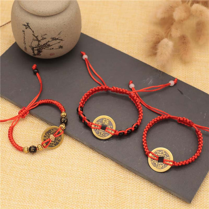 Buddha Stones Copper Coin Fortune Red String Weave Bracelet