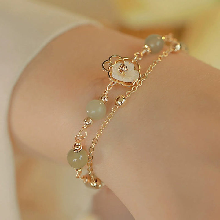 Buddha Stones 14K Gold Plated Jade Butterfly Tridacna Stone Flower Double Layer Luck Bracelet