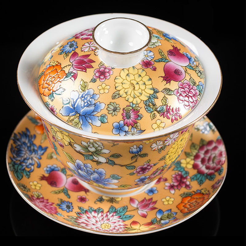 Buddha Stones Peony Flowers Ceramic Gaiwan Sancai Teacup Kung Fu Tea Cup And Saucer With Lid