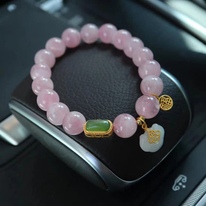 925 Sterling Silver Natural Madagascar Rose Quartz Hetian Jade Wish Lock Peace Bracelet