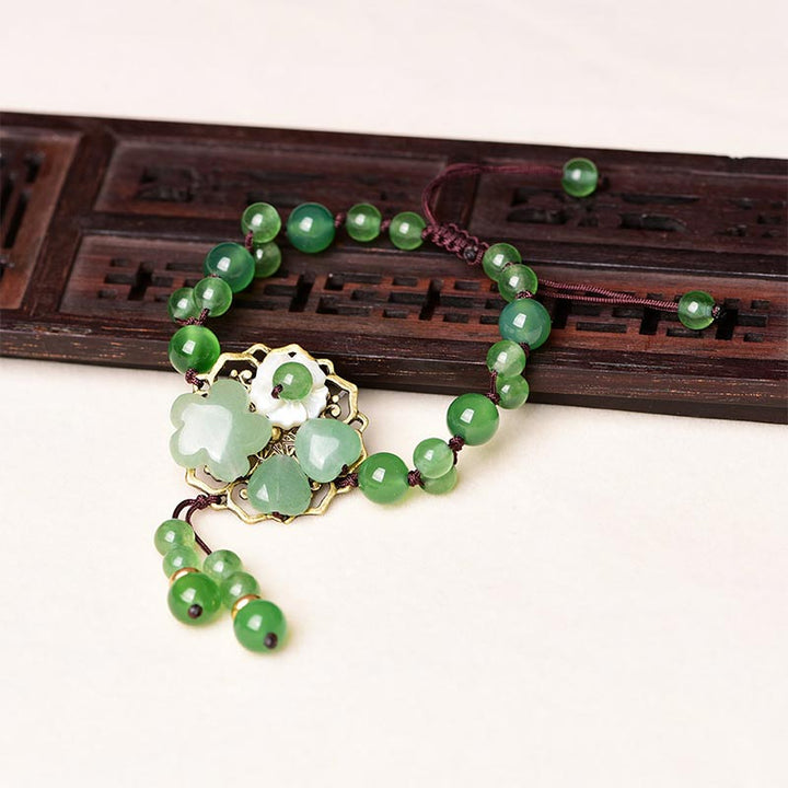 Buddha Stones Natural Green Jade Luck Dangling Flower Bracelet