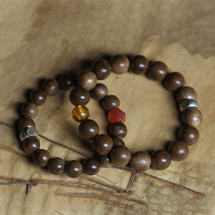 Buddha Stones Chinese Zodiac Natal Buddha Kalimantan Agarwood Red Agate Amber 925 Sterling Silver Bracelet