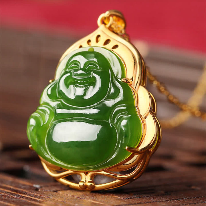 925 Sterling Silver Natural Hetian Cyan Jade Laughing Buddha 18K Gold Healing Necklace Chain Pendant