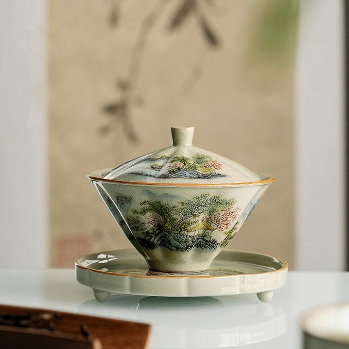 Buddha Stones Pine Mountain Forest Landscape Ceramic Gaiwan Sancai Teacup Kung Fu Tea Cup And Saucer With Lid