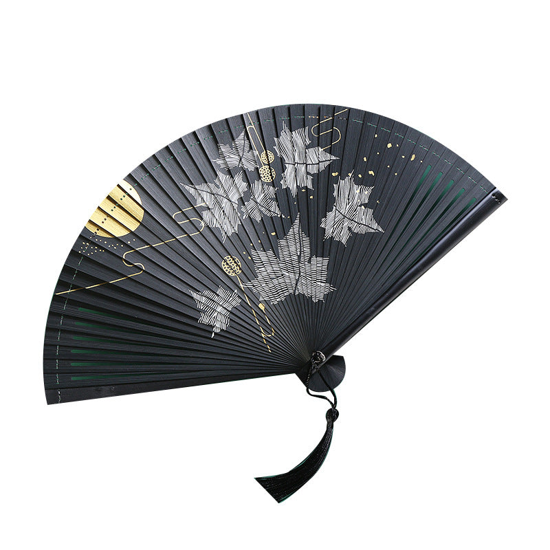 Buddha Stones Vintage Cloud Crane Maple Leaf Pattern Handheld Bamboo Folding Fan