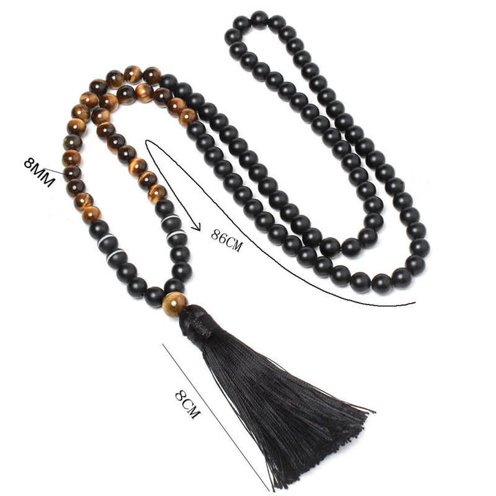 Buddha Stones Black Onyx Tiger Eye Fortune Bracelet Tassel Necklace Pendant