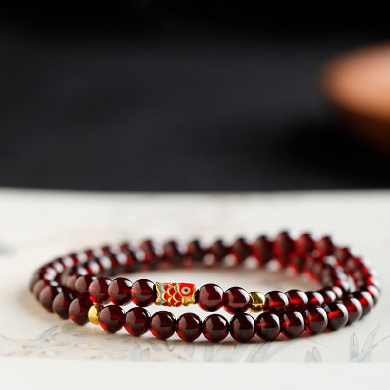 Buddha Stones 999 Gold Koi Fish Natural Garnet Protection Bracelet