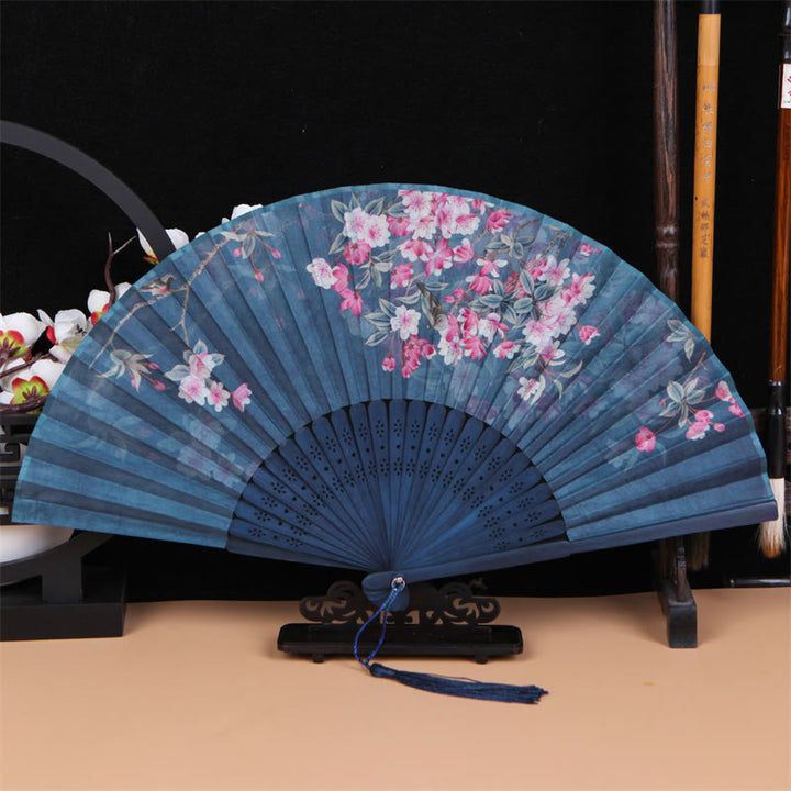 Buddha Stones Classic Birds Singing Flowers Handheld Bamboo Folding Fan