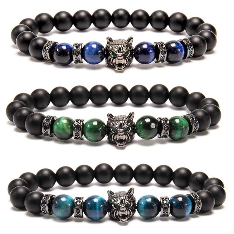 Buddha Stones Natural Tiger Eye Lazurite Wolf Head Bead Protection Bracelet