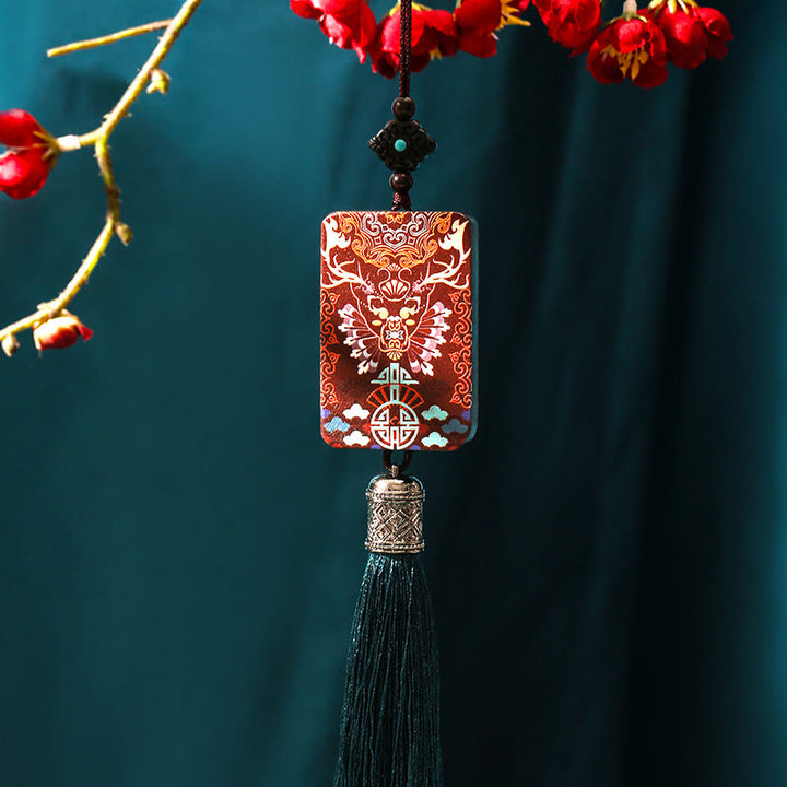 Buddha Stones Handmade Elk Deer Ebony Wood Balance Tassel Car Hanging Decoration