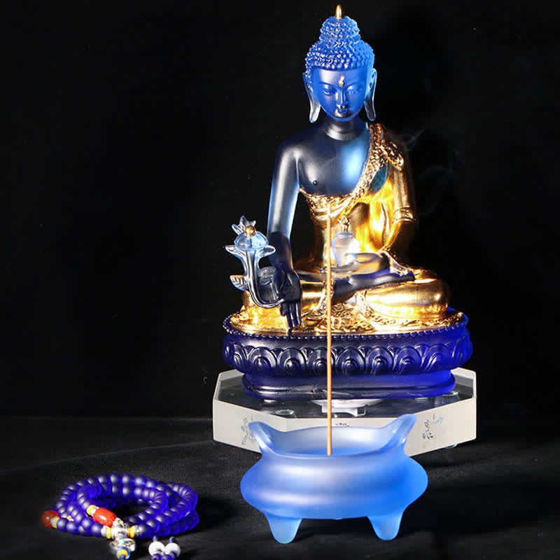 Medicine Buddha Handmade Liuli Crystal Art Piece Compassion Statue Home Office Offering Decoration