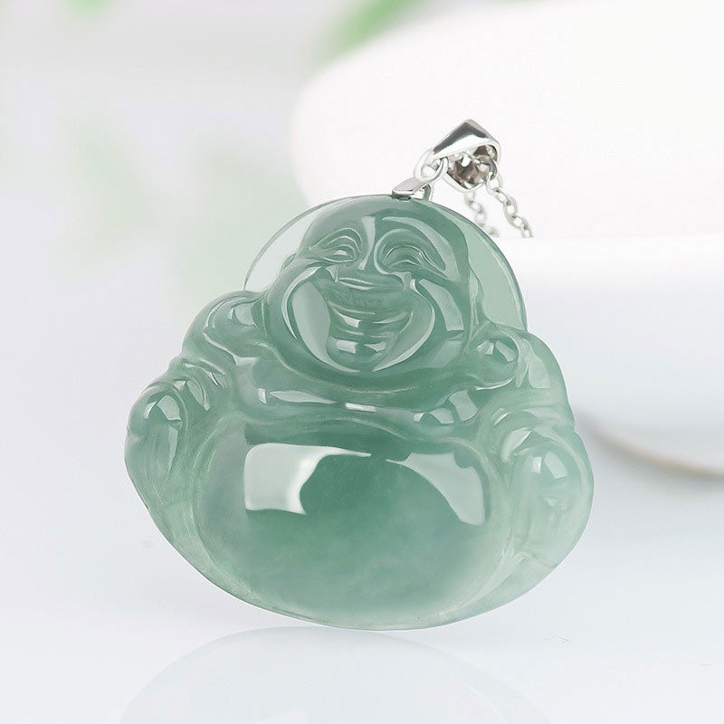 Buddha Stones 925 Sterling Silver Laughing Buddha Jade Protection Calm Necklace Chain Pendant