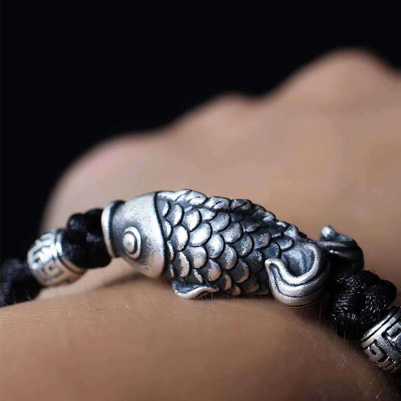 Buddha Stones Silver Luck Koi Fish Braided String Bracelet