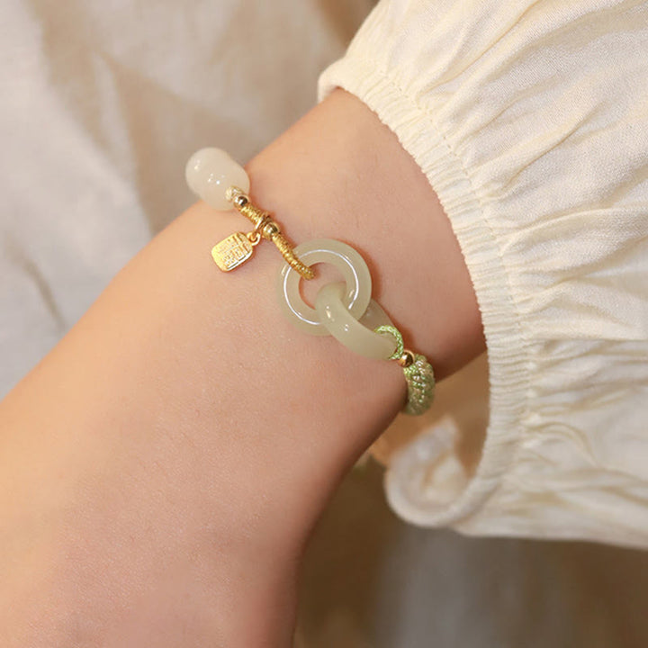 Buddha Stones Natural Hetian Jade Bead Double Peace Buckle Fu Character Abundance Braided Bracelet