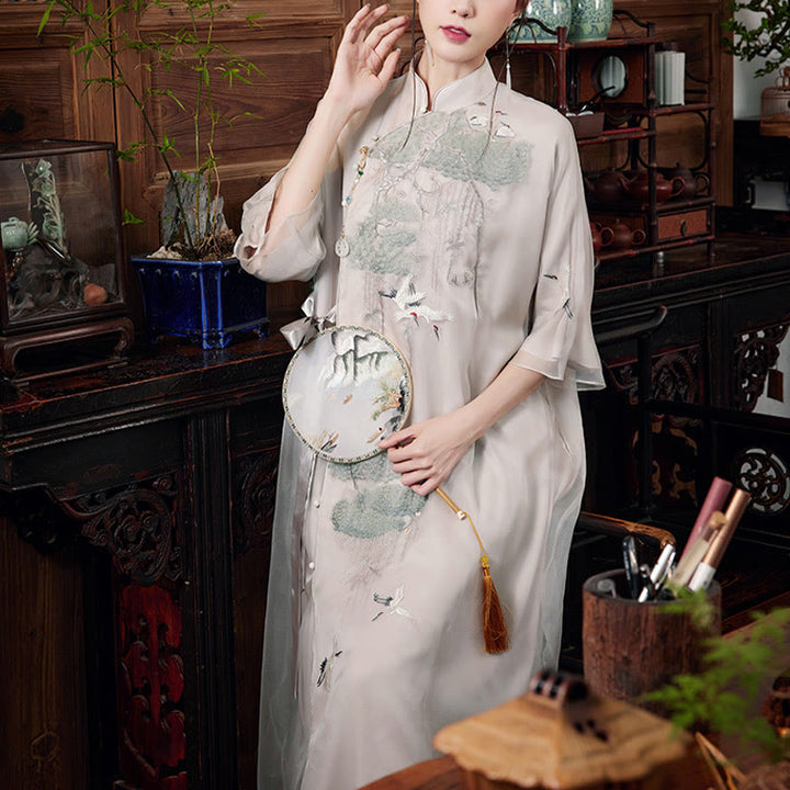 Buddha Stones 100% Mulberry Silk 6 Momme Dress Retro Pine Tree Crane Embroidery Qipao Dress Women's Cheongsam Dress