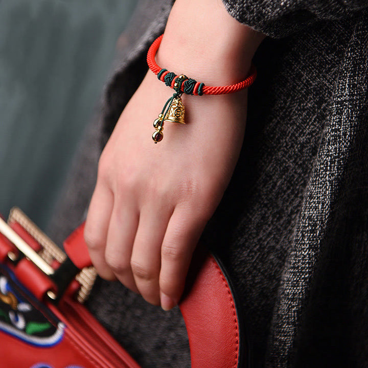 Buddha Stones 14K Gold Plated Copper Coin Bell Garnet Handcrafted Red Rope Bracelet