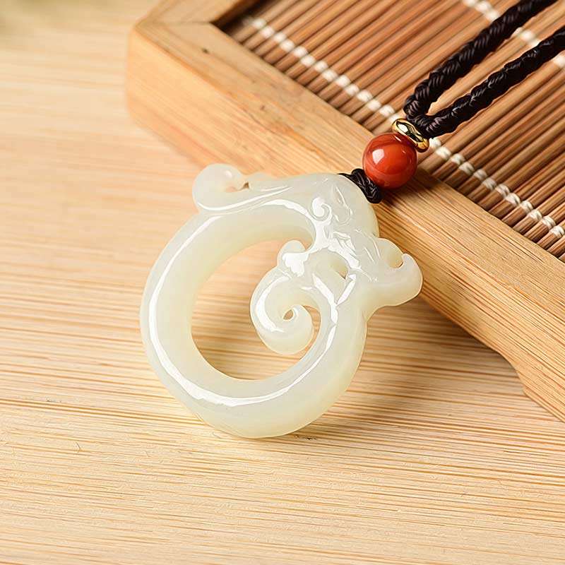 Buddha Stones White Jade Cyan Jade Dragon Protection Necklace String Pendant