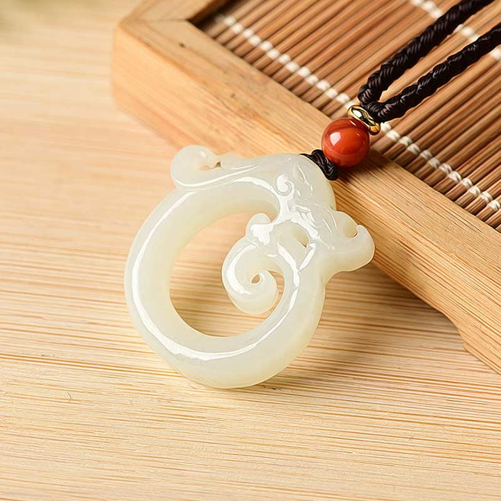 Buddha Stones White Jade Cyan Jade Dragon Protection Necklace String Pendant