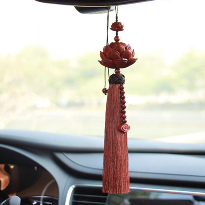 Buddha Stones Tibetan Small Leaf Red Sandalwood Lotus Luck Protection Tassel Decoration