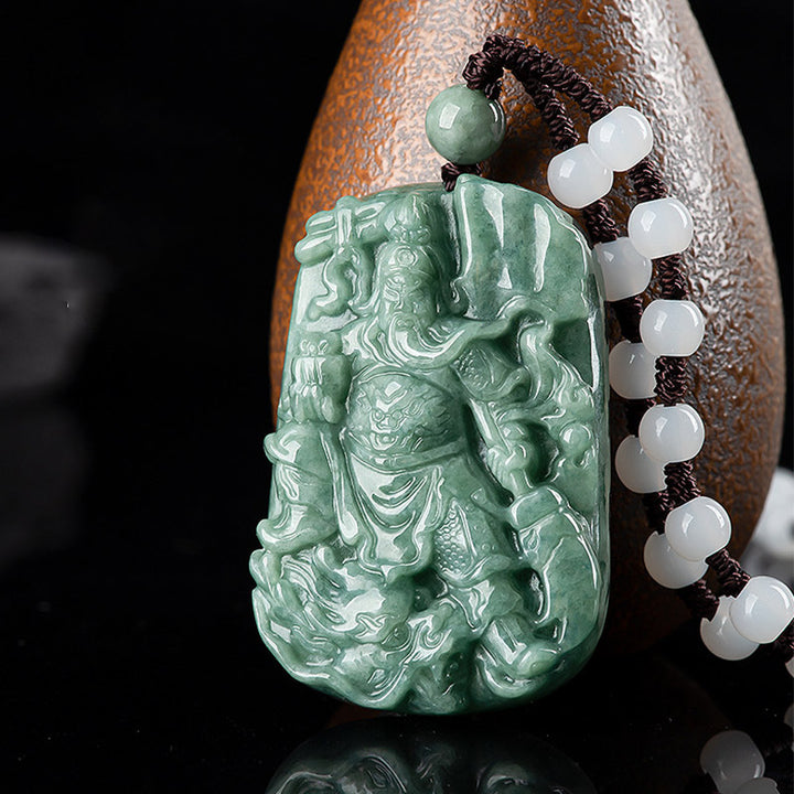 Natural Jade Guan Gong Amulet Wealth Necklace Pendant