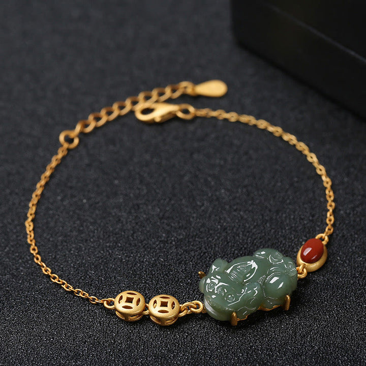 Cyan Jade PiXiu Copper Coin Red Agate Success Chain Bracelet