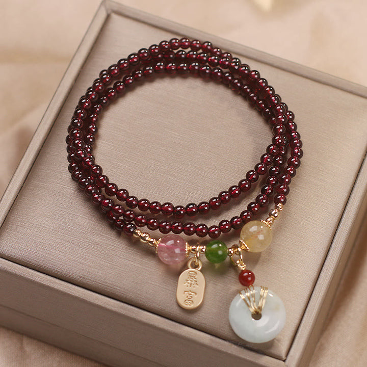 Buddha Stones Natural Garnet Strawberry Quartz Crystal Fox Koi Fish Peace Buckle Fortune Protection Triple Wrap Bracelet