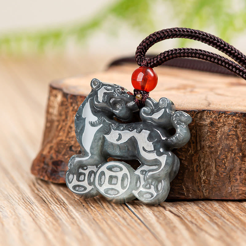 Buddha Stones Natural Jade Tiger Copper Coin Pattern Luck Necklace Pendant