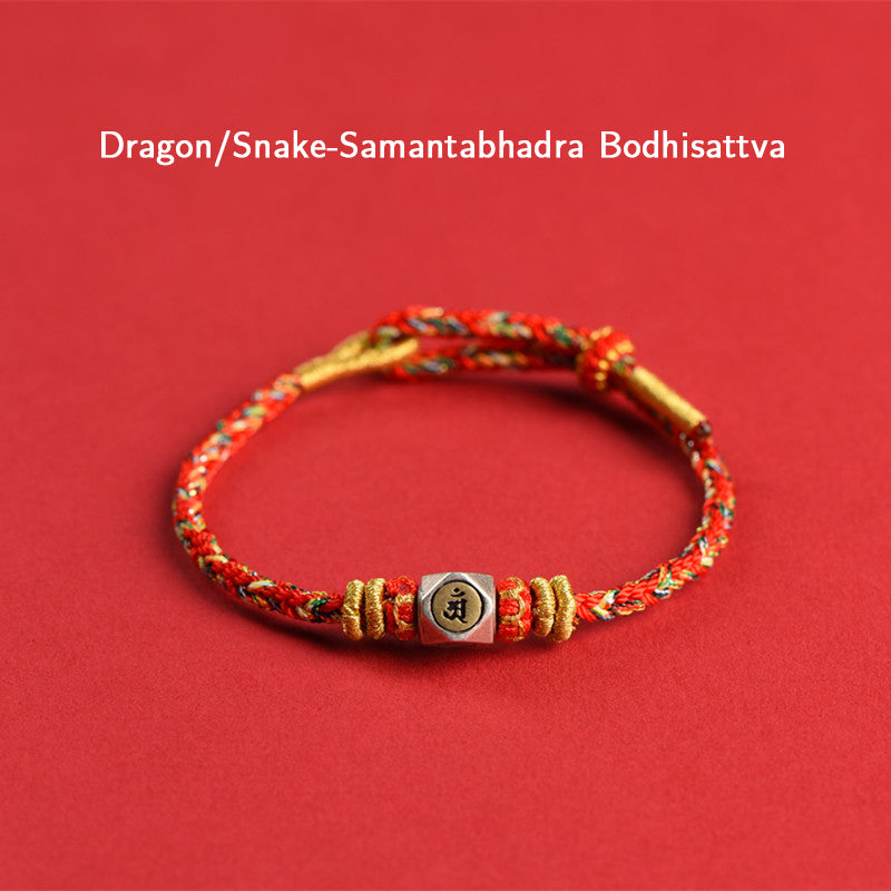 Buddha Stones 925 Sterling Silver Chinese Zodiac Natal Buddha Red Colorful Rope Luck Handcrafted Bracelet