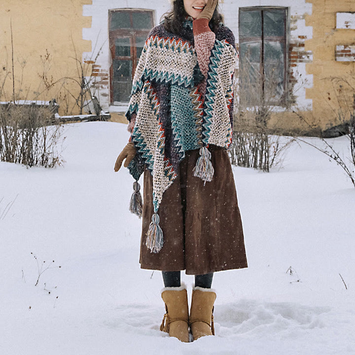 Tibetan Shawl Blue Beige Red Wavy Pattern Winter Warm Tassel Scarf