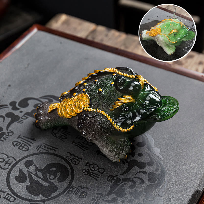 Buddha Stones Color Changing FengShui Wealth Lucky Frog Copper Coin Tea Pet Resin Figurine Decoration