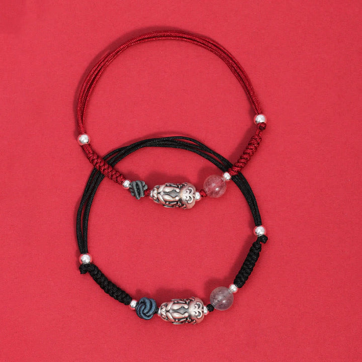 Buddha Stones 999 Sterling Silver PiXiu Strawberry Quartz Bead Wealth Luck Braided Bracelet