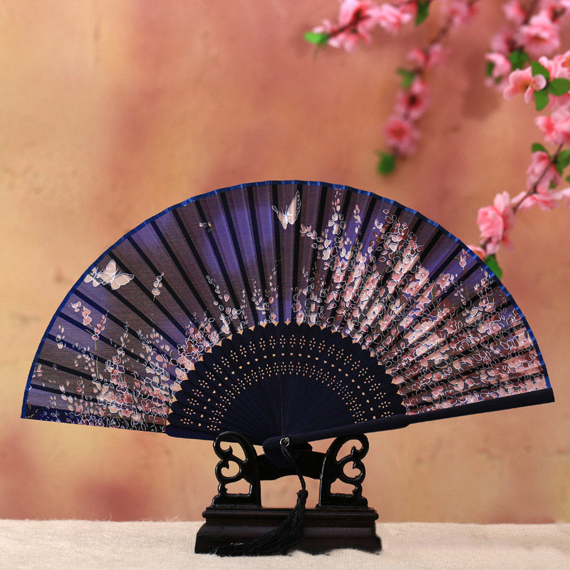 Buddha Stones Cherry Blossom Lily Butterfly Bamboo Handheld Bamboo Folding Fan 21cm