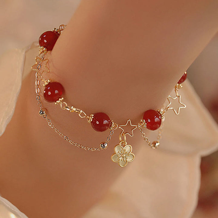 Buddha Stones 14k Gold Plated Red Agate Star Flower Charm Calm Bracelet