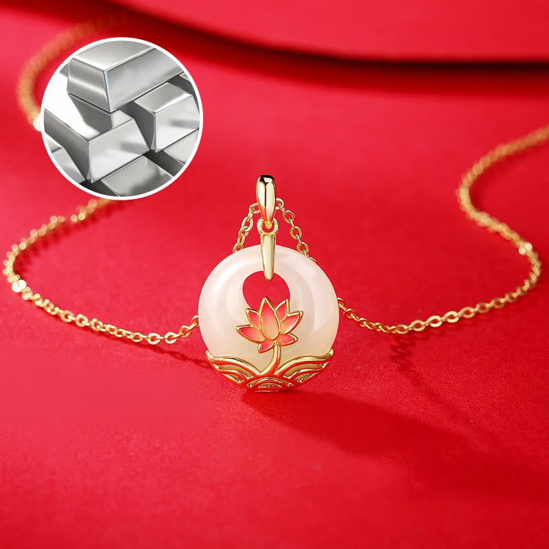 Buddha Stones 925 Sterling Silver Hetian White Jade Lotus Flower Blessing Necklace Pendant