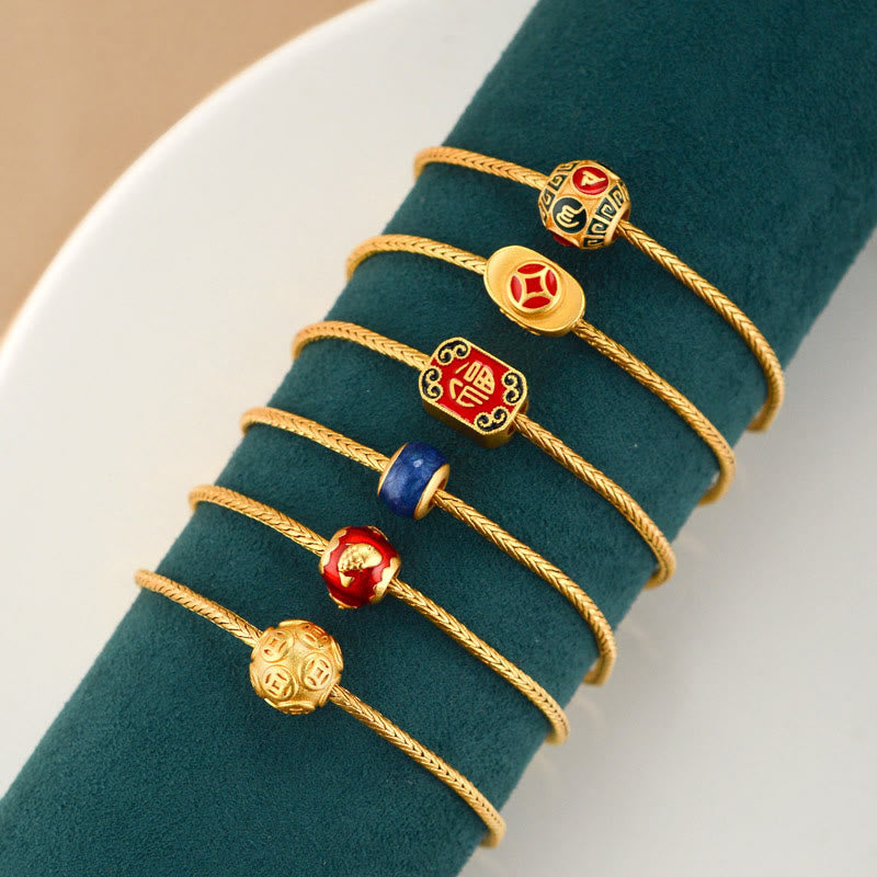 Buddha Stones Tibetan 18K Gold Om Mani Padme Hum Lucky Koi Fish Fu Character Ingot Copper Coin Peace Bracelet