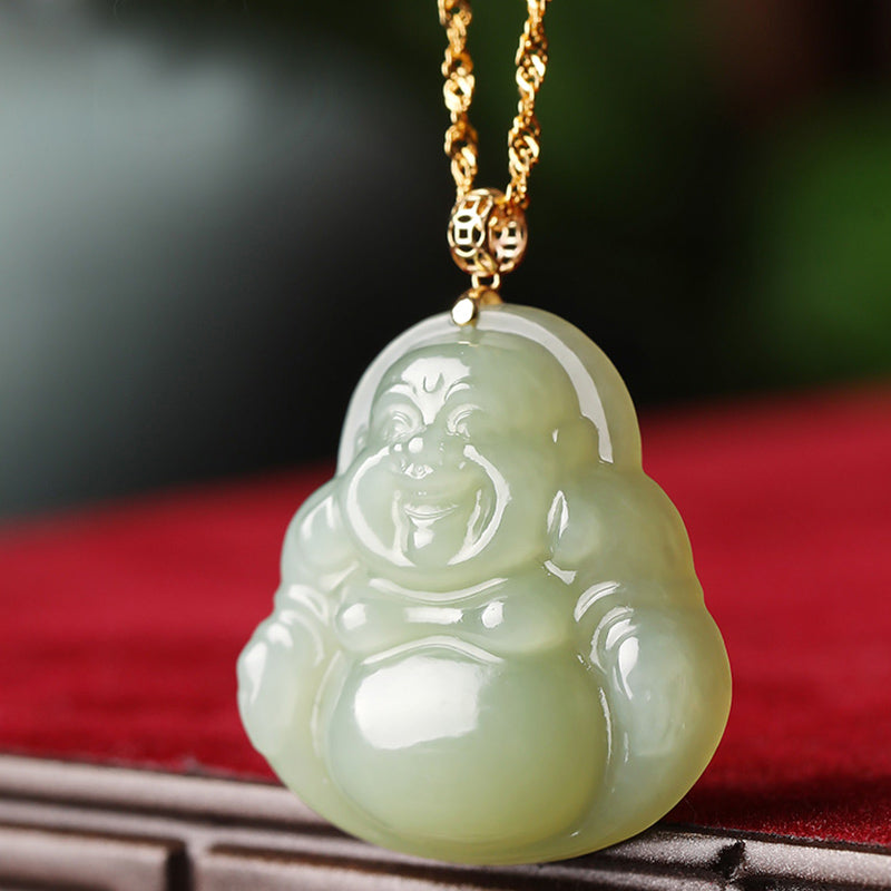 Buddha Stones 925 Sterling Silver Laughing Buddha Cyan Jade 18K Gold Success Necklace Pendant