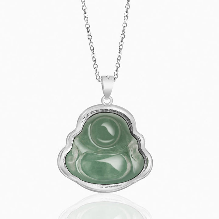 Buddha Stones 925 Sterling Silver Laughing Buddha Natural Jade Luck Prosperity Necklace Chain Pendant