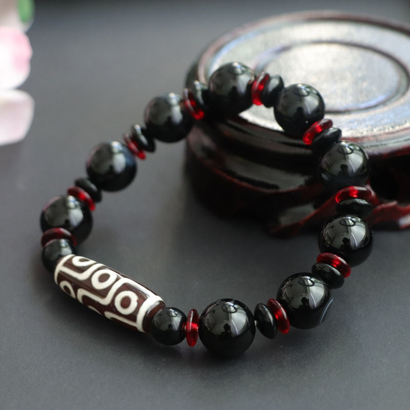 Buddha Stones Black Onyx Nine-Eye Dzi Bead Wealth Protection Bracelet