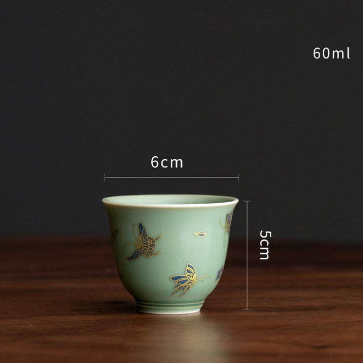 Buddha Stones Green Porcelain Butterfly Flower Salmon Fish Ceramic Gaiwan Sancai Teacup Kung Fu Tea Cup And Saucer With Lid