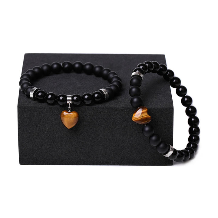 Buddha Stones 2Pcs Black Onyx Crystal Stone Love Heart Protection Support Couple Bracelet