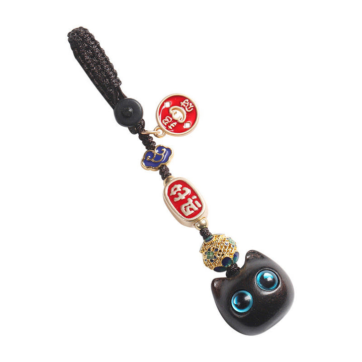 Buddha Stones Ebony Wood Lucky Cat Auspicious Cloud Peace Key Chain Phone Hanging Decoration