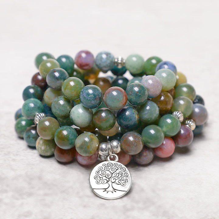 Buddha Stones 108 Mala Beads Indian Agate Lotus OM Buddha Tree of life Positive Calm Bracelet