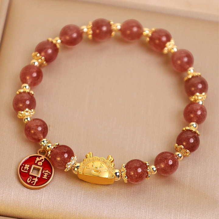 Buddha Stones Year of the Dragon Strawberry Quartz Copper Coin Attract Wealth Charm Bracelet