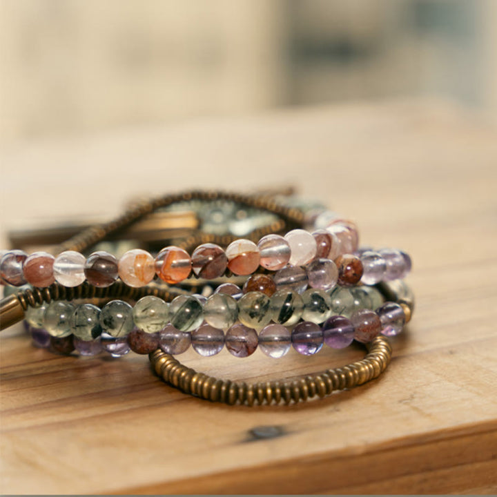 Buddha Stones Purple Phantom Red Hematoid Quartz Green Rutilated Quartz Copper Love Forgive Bracelet