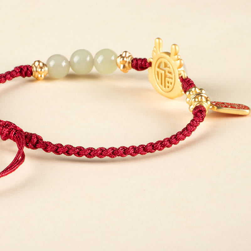 Buddha Stones Year of the Dragon Hetian White Jade Fu Character Peace And Joy Protection Bracelet