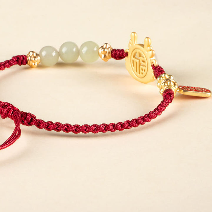 Buddha Stones Year of the Dragon Hetian White Jade Fu Character Peace And Joy Protection Bracelet