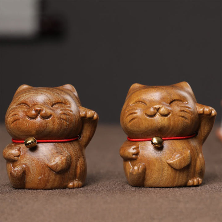 Buddha Stones Green Sandalwood Small Mini Cute Lucky Cat Peace Decorations