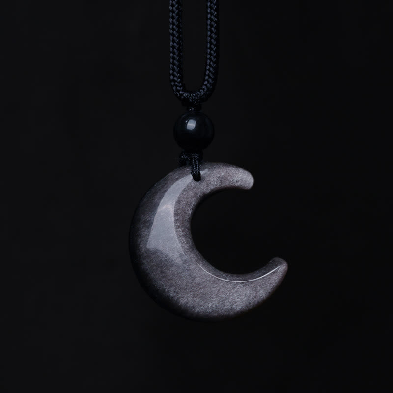 Buddha Stones Natural Silver Sheen Obsidian Selenite Crystal Crescent Moon Yin Yang Couple Protection Necklace Pendant